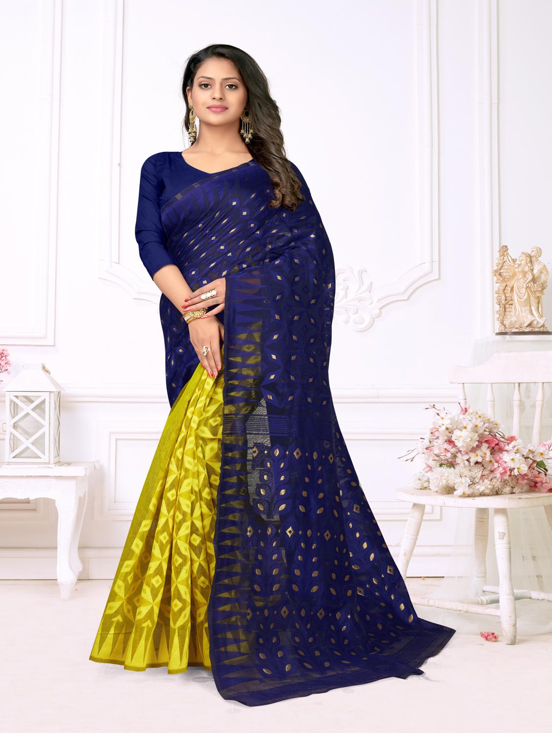 jacquard work jamdani half & half saree with blouse - 18650661 - Zoom Image - 0