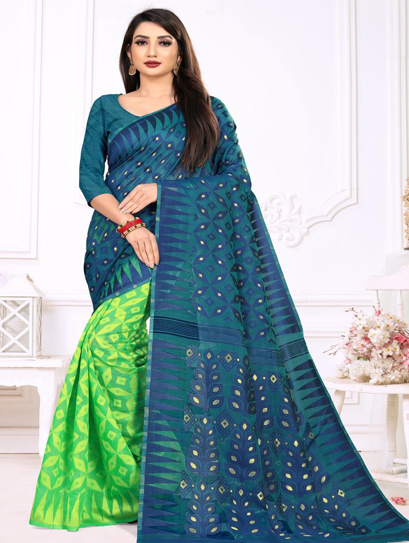 jacquard work jamdani half & half saree with blouse - 18650664 - Zoom Image - 0