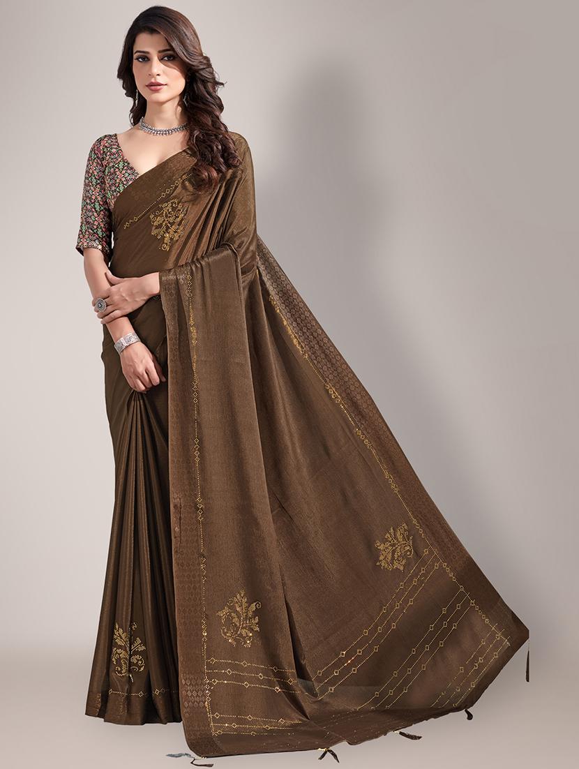 brown embroidered saree with blouse piece - 18651042 -  Zoom Image - 0