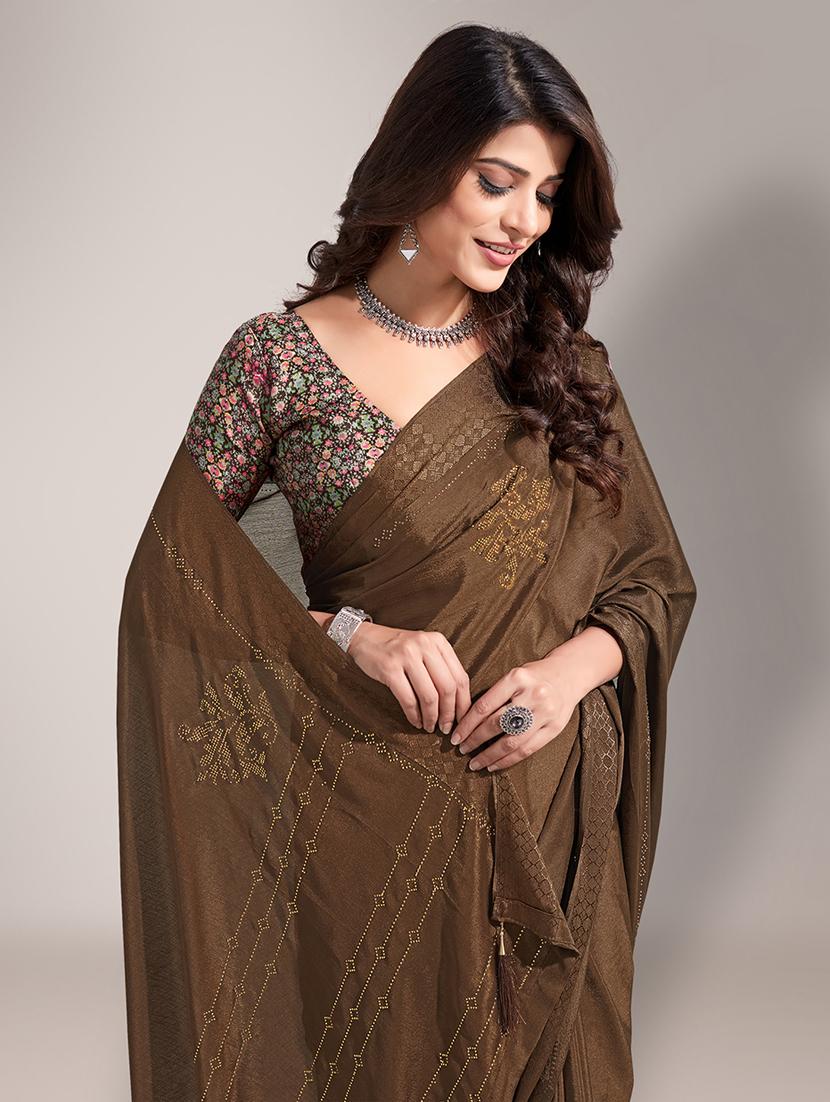 brown embroidered saree with blouse piece - 18651042 - Standard Image - 3