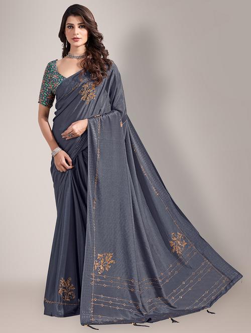grey embroidered saree with tassels with blouse - 18651044 - Standard Image - 0