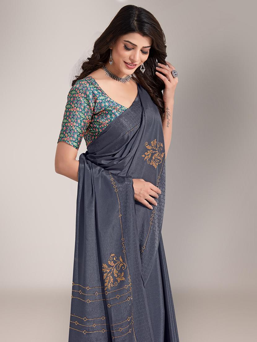 grey embroidered saree with tassels with blouse - 18651044 - Standard Image - 3