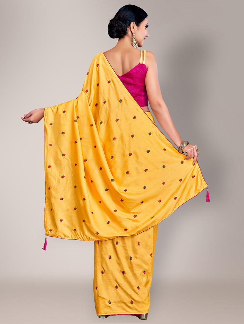 yellow embroidered saree with blouse piece - 18651184 - Standard Image - 3