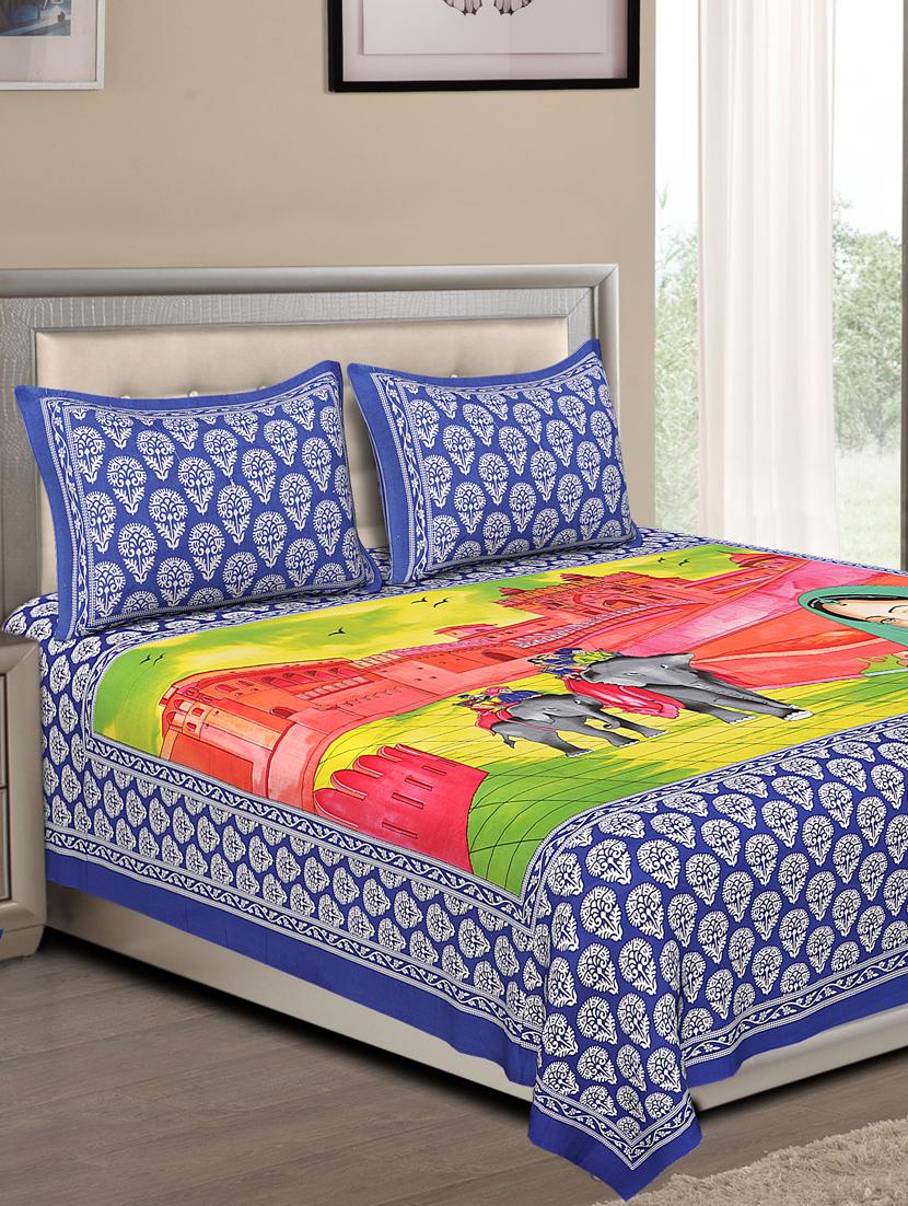 uniqchoice blue color 100% cotton jaipuri traditonal double bedsheet with 2 pillow cover - 18655624 -  Zoom Image - 0