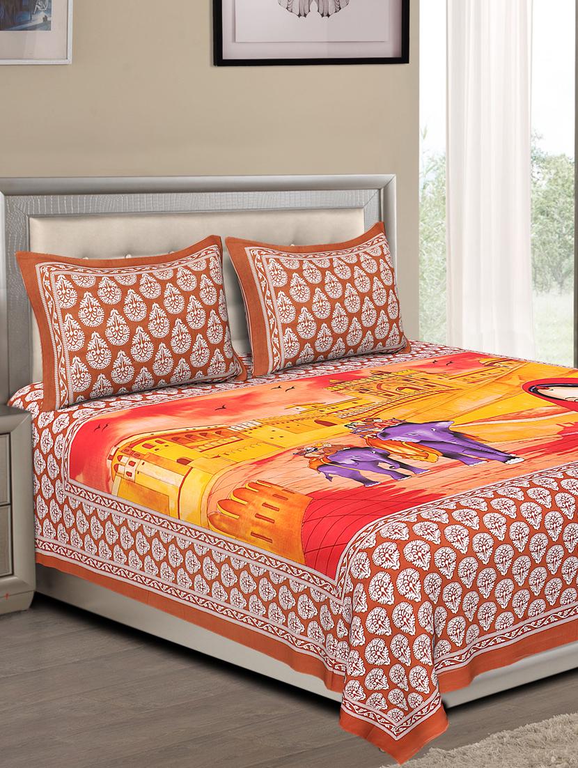 uniqchoice blue color 100% cotton jaipuri traditonal double bedsheet with 2 pillow cover - 18655626 -  Zoom Image - 0