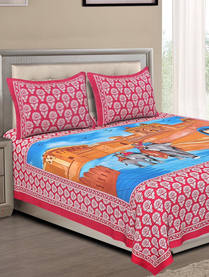 uniqchoice blue color 100% cotton jaipuri traditonal double bedsheet with 2 pillow cover - 18655627 - Zoom Image - 0