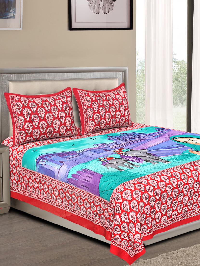 uniqchoice blue color 100% cotton jaipuri traditonal double bedsheet with 2 pillow cover - 18655629 - Zoom Image - 0