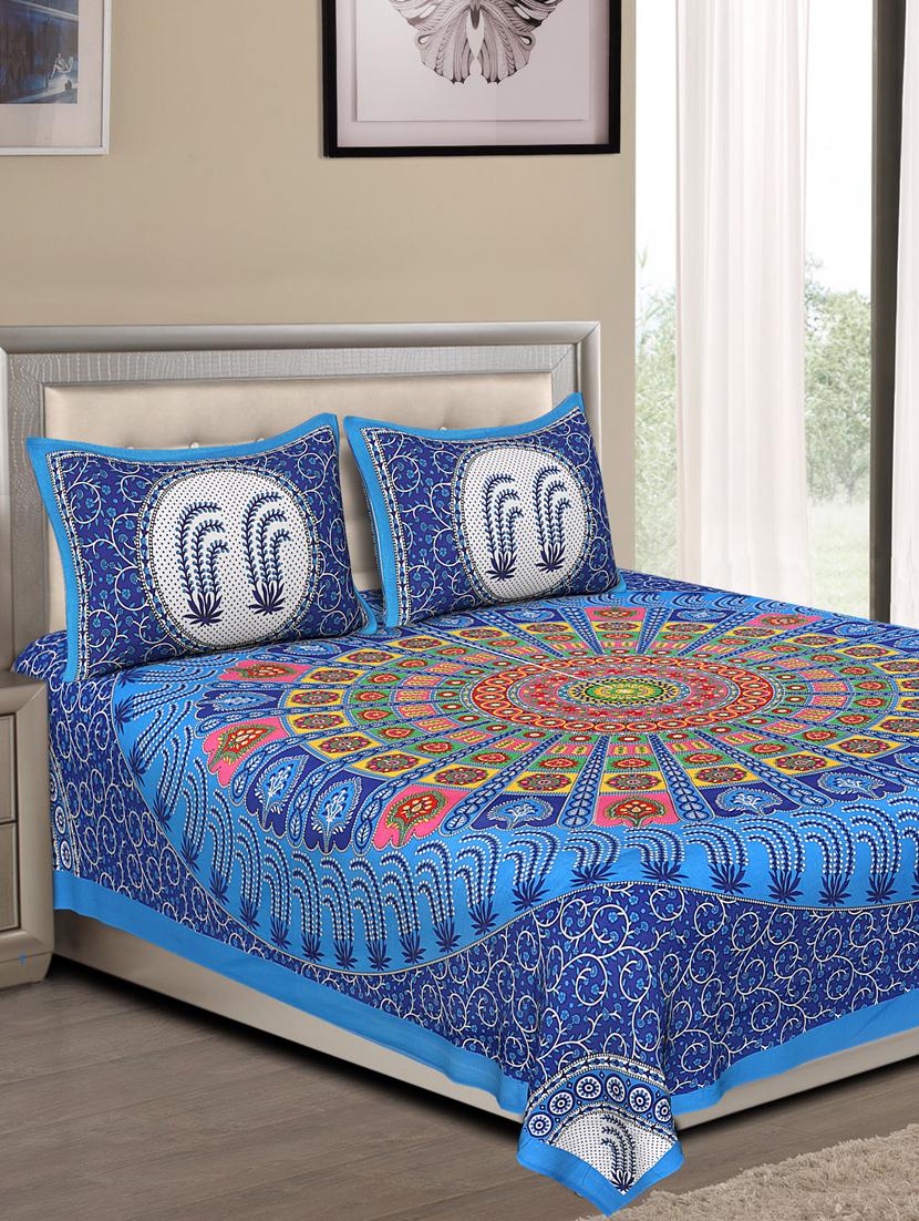 uniqchoice blue color 100% cotton jaipuri traditonal double bedsheet with 2 pillow cover - 18655644 -  Zoom Image - 0