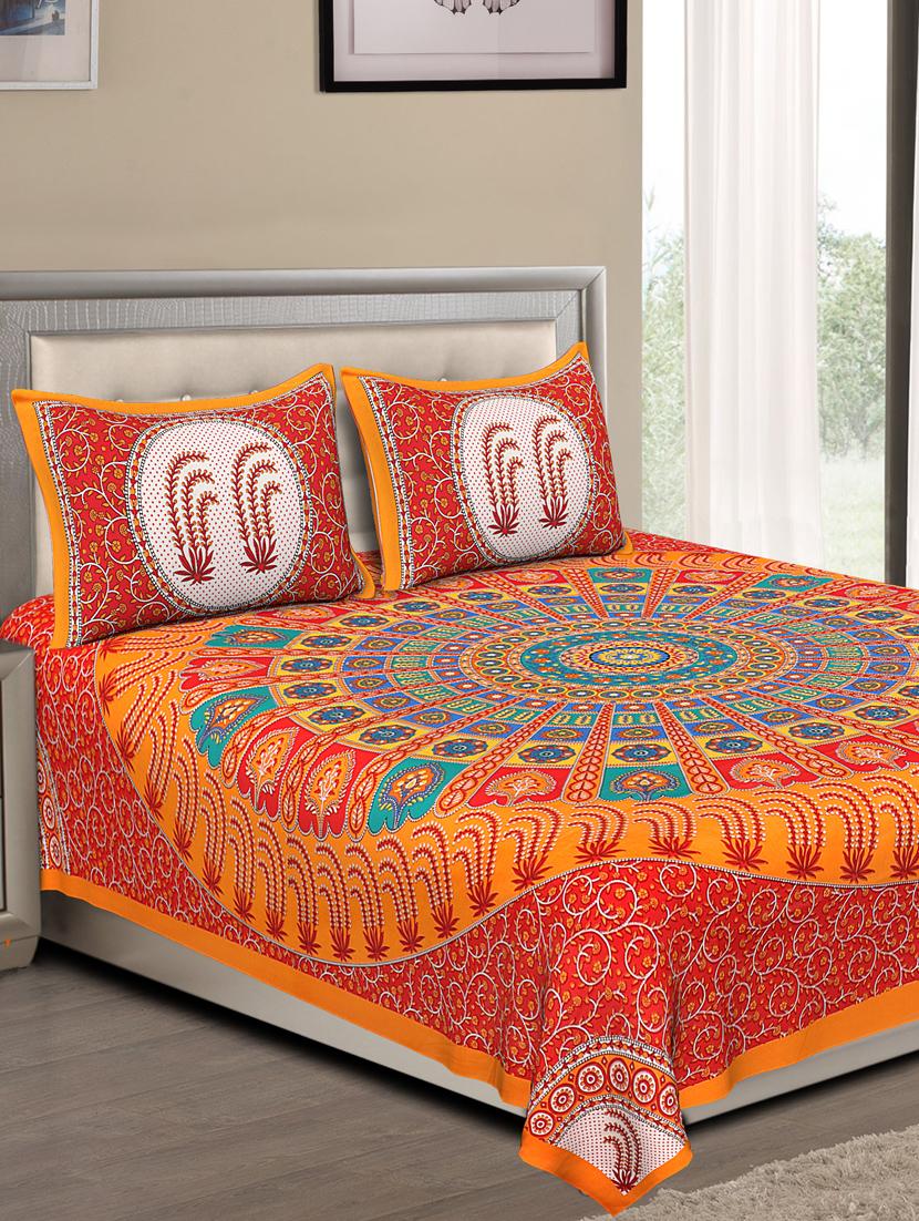 uniqchoice blue color 100% cotton jaipuri traditonal double bedsheet with 2 pillow cover - 18655647 - Zoom Image - 0