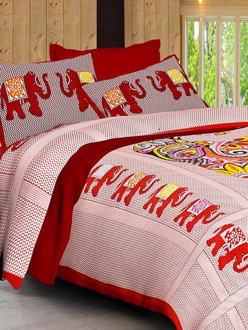 uniqchoice maroon color 100% cotton jaipuri traditonal double bedsheet with 2 pillow cover - 18655650 - Zoom Image - 0