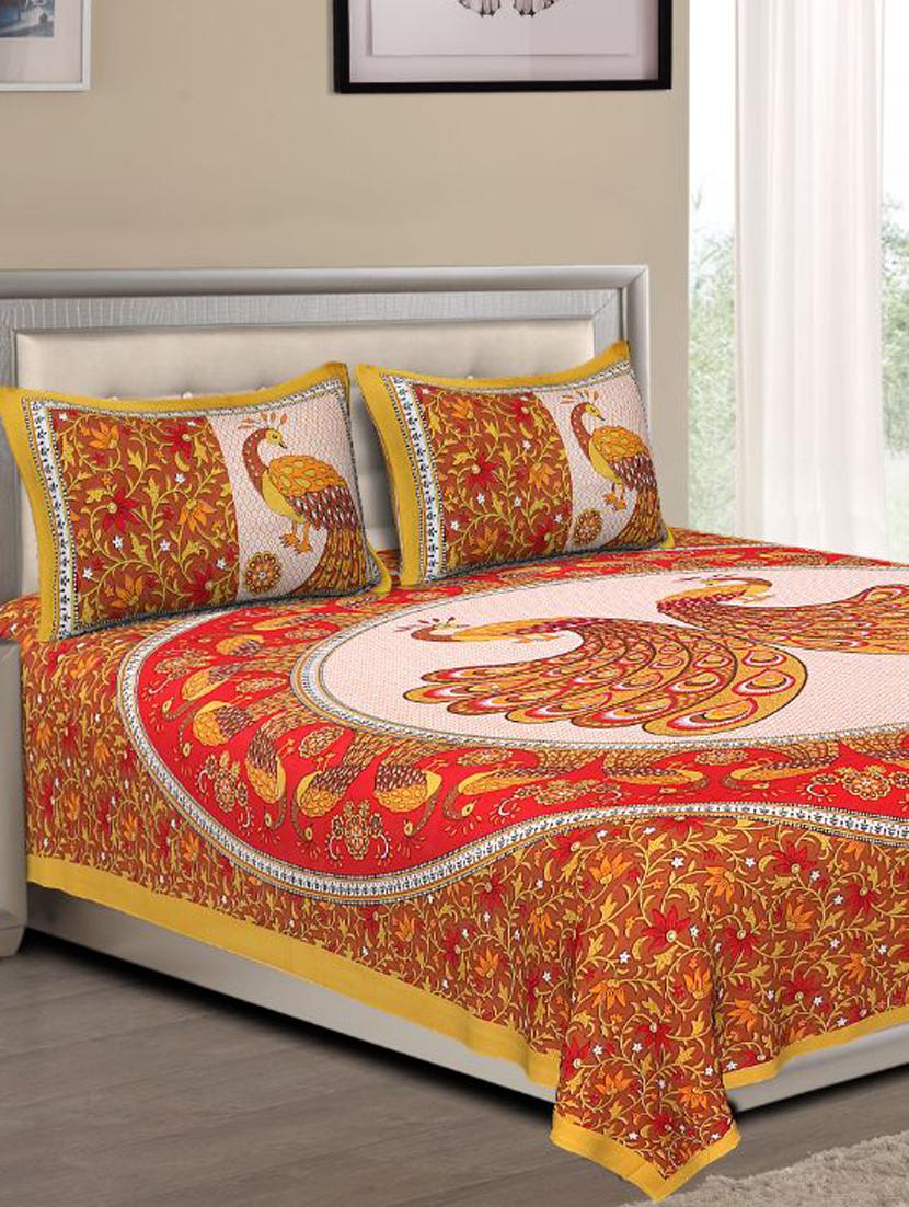 uniqchoice blue color 100% cotton jaipuri traditonal double bedsheet with 2 pillow cover - 18655664 -  Zoom Image - 0