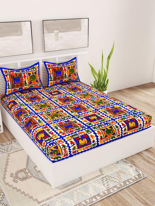 uniqchoice blue color 100% cotton jaipuri traditonal double bedsheet with 2 pillow cover - 18655673 -  Standard Image - 0