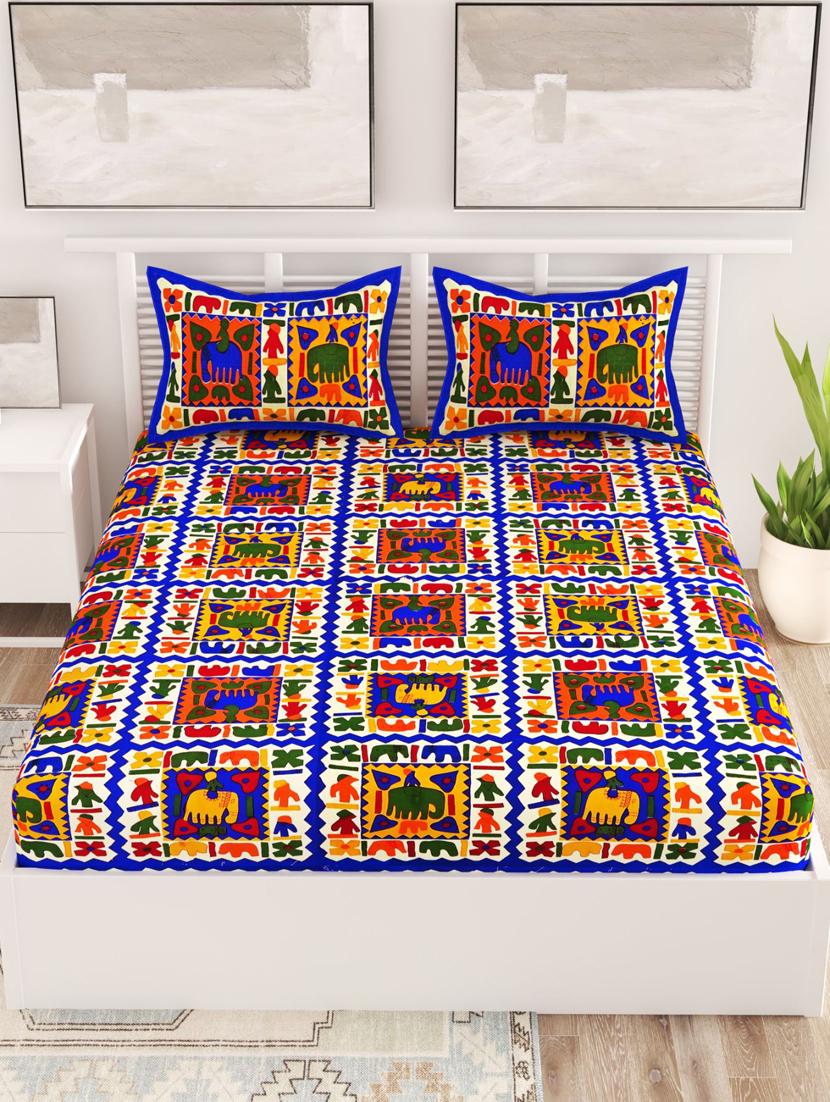 uniqchoice blue color 100% cotton jaipuri traditonal double bedsheet with 2 pillow cover - 18655673 - Standard Image - 3