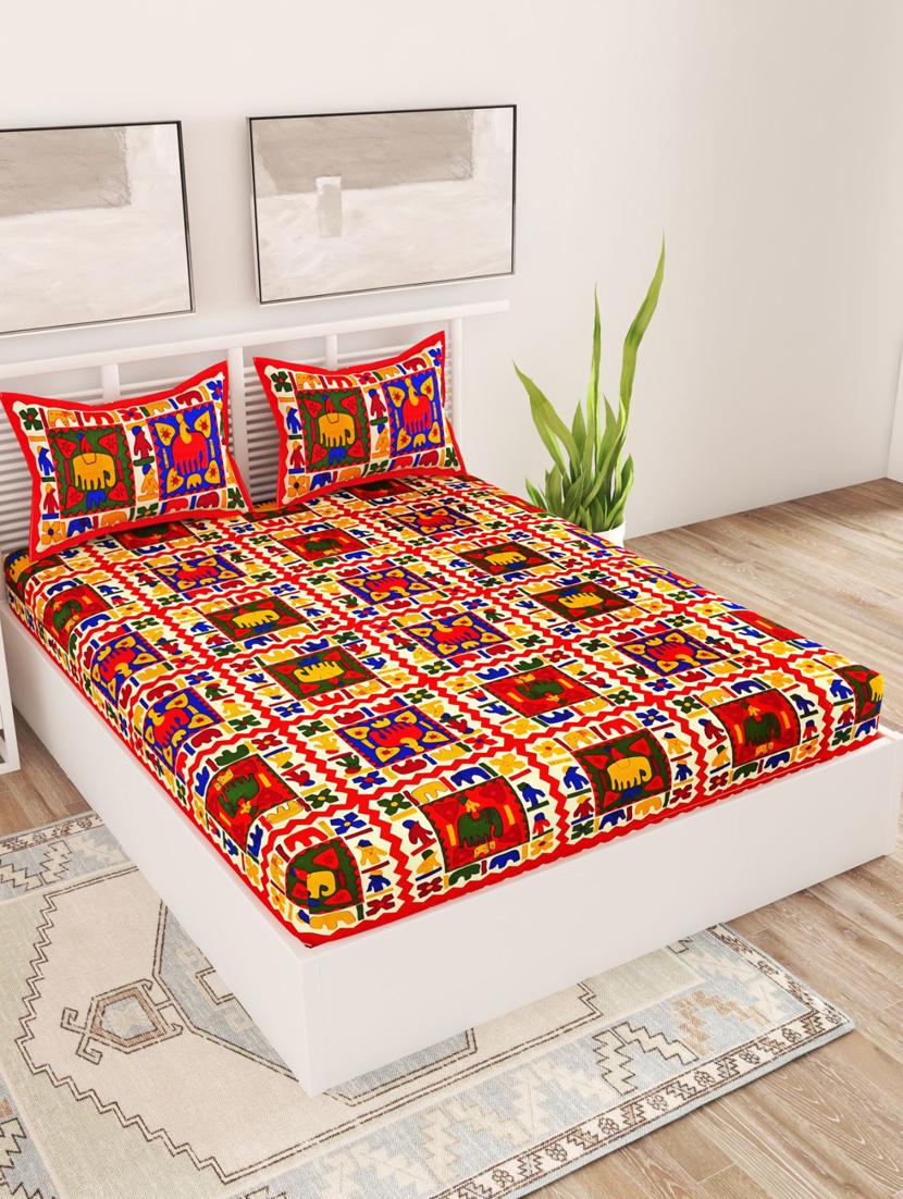 uniqchoice blue color 100% cotton jaipuri traditonal double bedsheet with 2 pillow cover - 18655678 -  Zoom Image - 0
