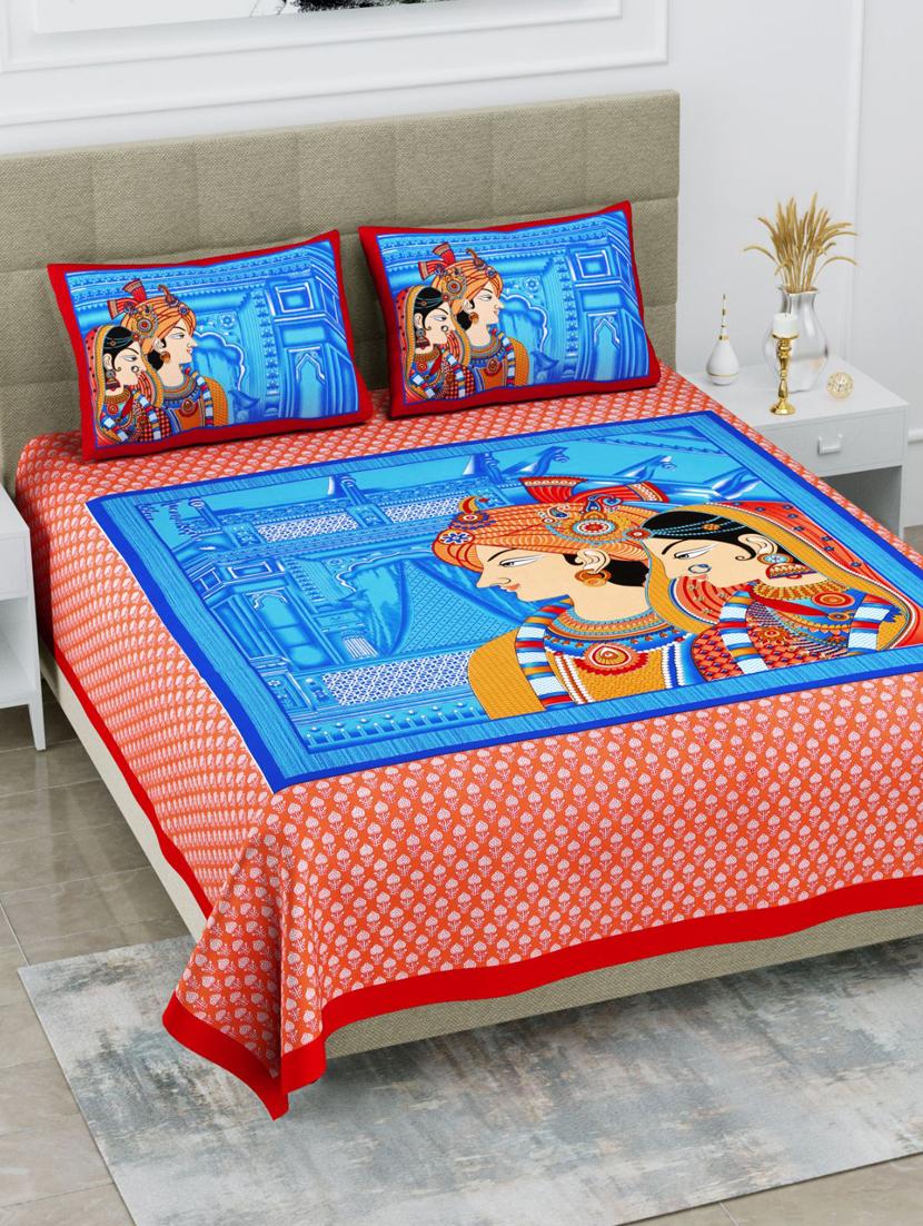uniqchoice blue color 100% cotton jaipuri traditonal double bedsheet with 2 pillow cover - 18655747 -  Zoom Image - 0