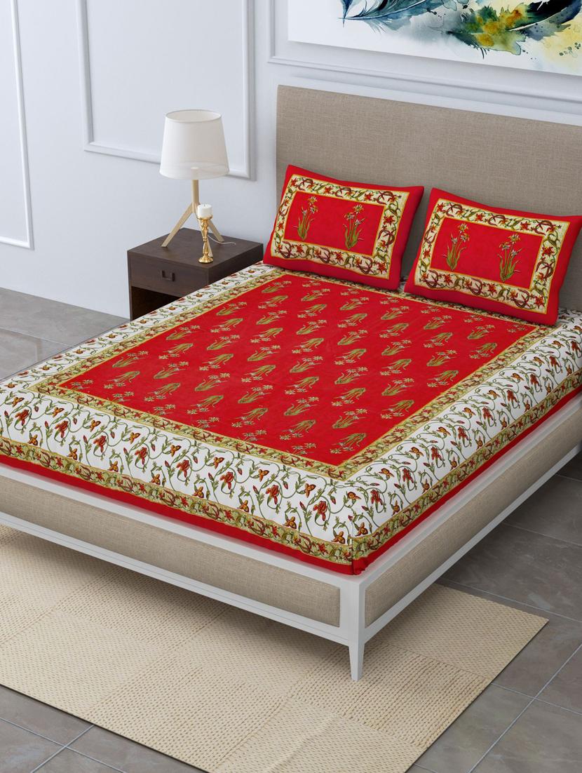 uniqchoice red color 100% cotton jaipuri traditonal double bedsheet with 2 pillow cover - 18655761 -  Zoom Image - 0