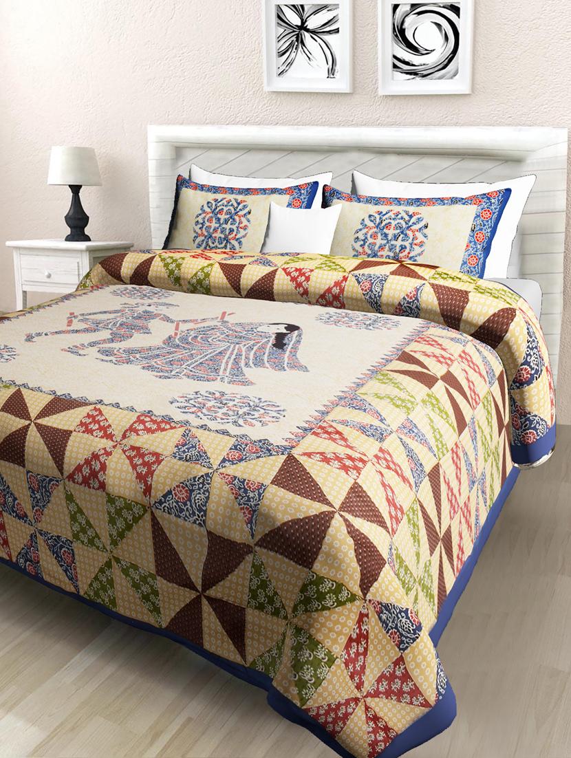 uniqchoice blue color 100% cotton jaipuri traditonal double bedsheet with 2 pillow cover - 18655883 -  Zoom Image - 0