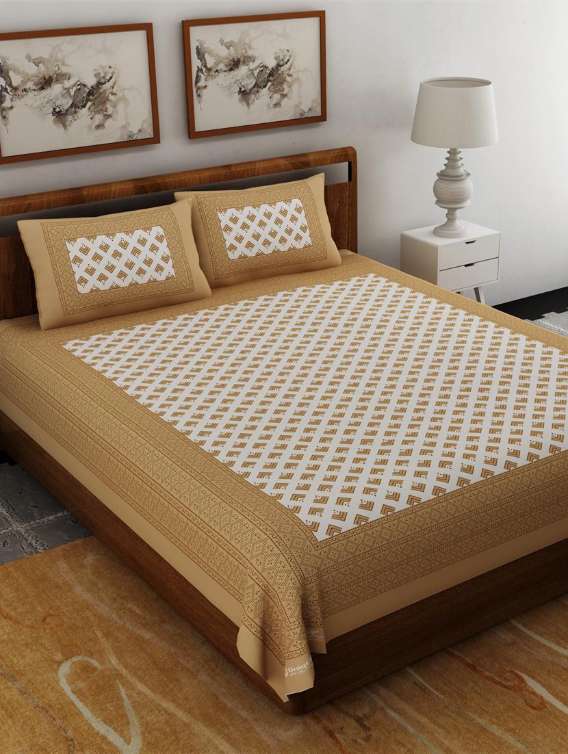uniqchoice beige color 100% cotton jaipuri traditonal double bedsheet with 2 pillow cover - 18655898 - Zoom Image - 0