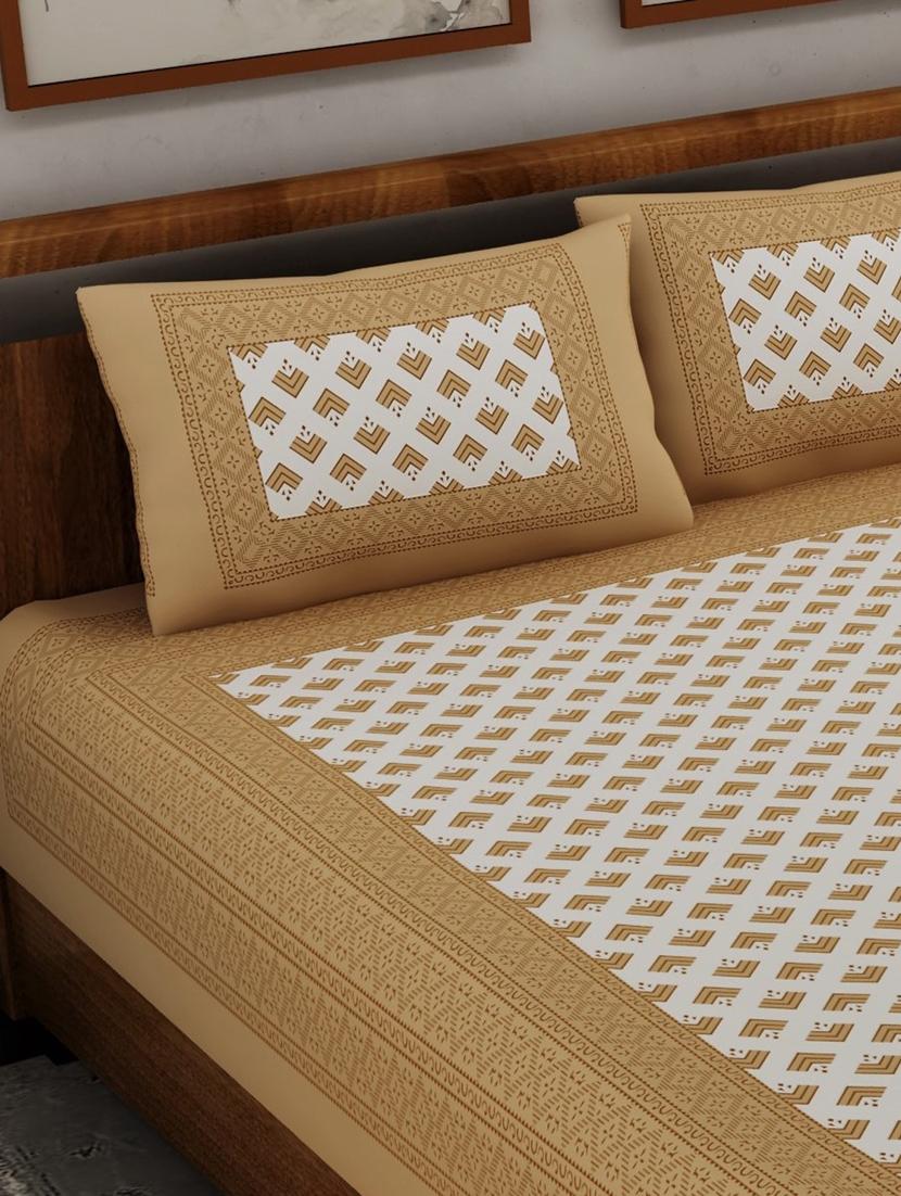 uniqchoice beige color 100% cotton jaipuri traditonal double bedsheet with 2 pillow cover - 18655898 - Standard Image - 3