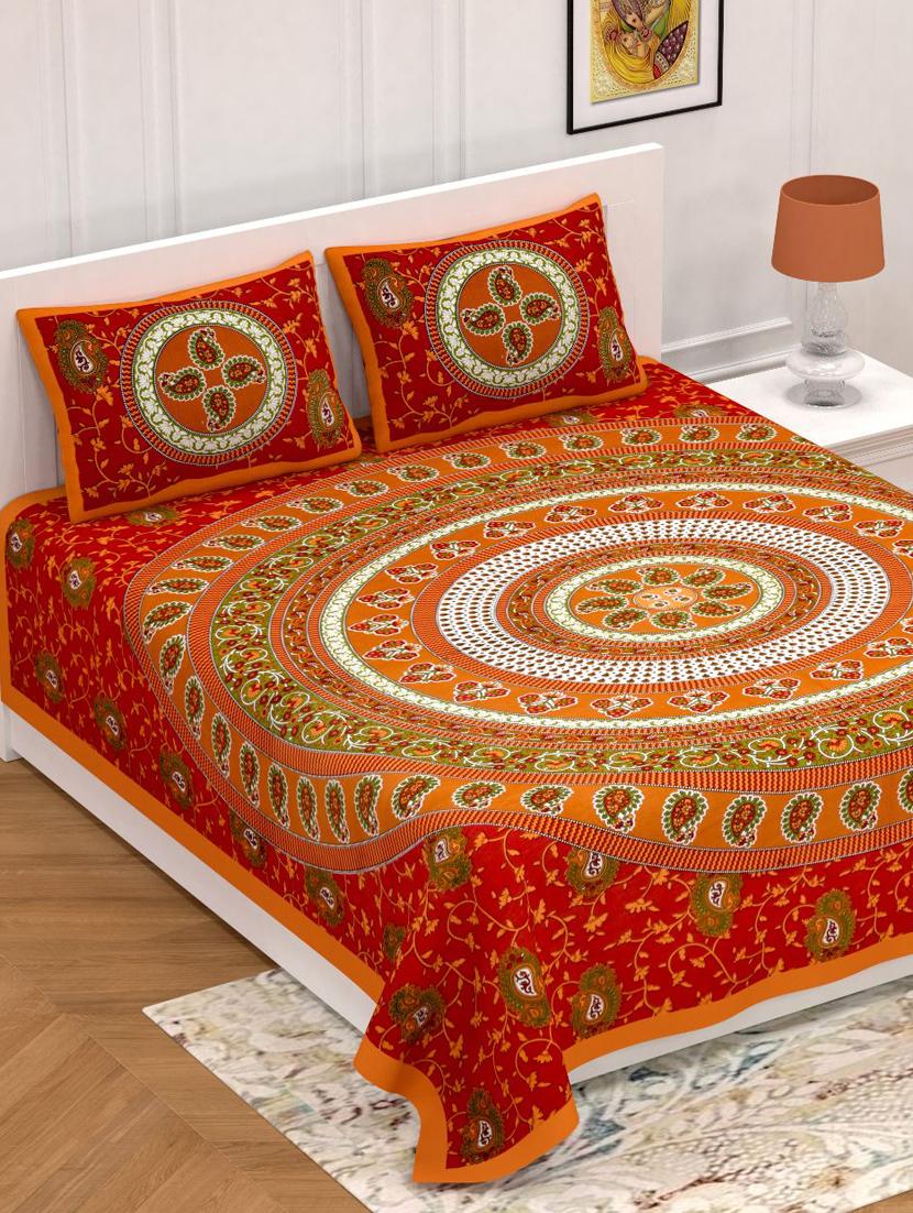 uniqchoice blue color 100% cotton jaipuri traditonal double bedsheet with 2 pillow cover - 18655910 - Zoom Image - 0