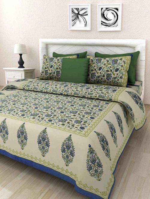 uniqchoice blue color 100% cotton jaipuri traditonal double bedsheet with 2 pillow cover - 18655915 -  Standard Image - 0