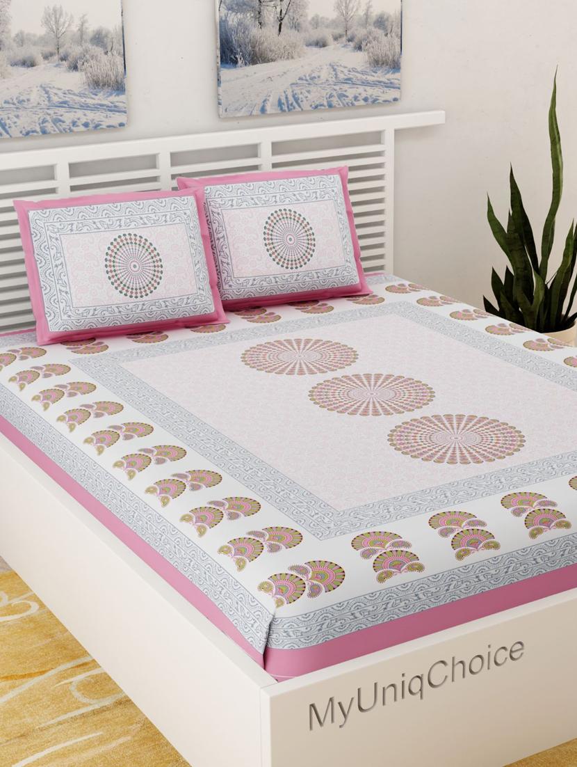 uniqchoice blue color 100% cotton jaipuri traditonal double bedsheet with 2 pillow cover - 18655924 - Zoom Image - 0