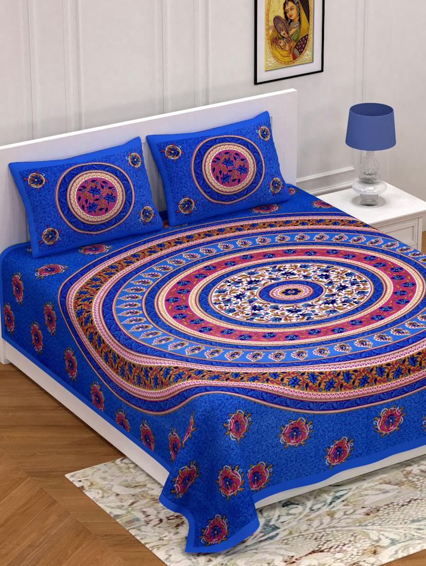 uniqchoice orange color 100% cotton jaipuri traditonal double bedsheet with 2 pillow cover - 18655925 -  Zoom Image - 0