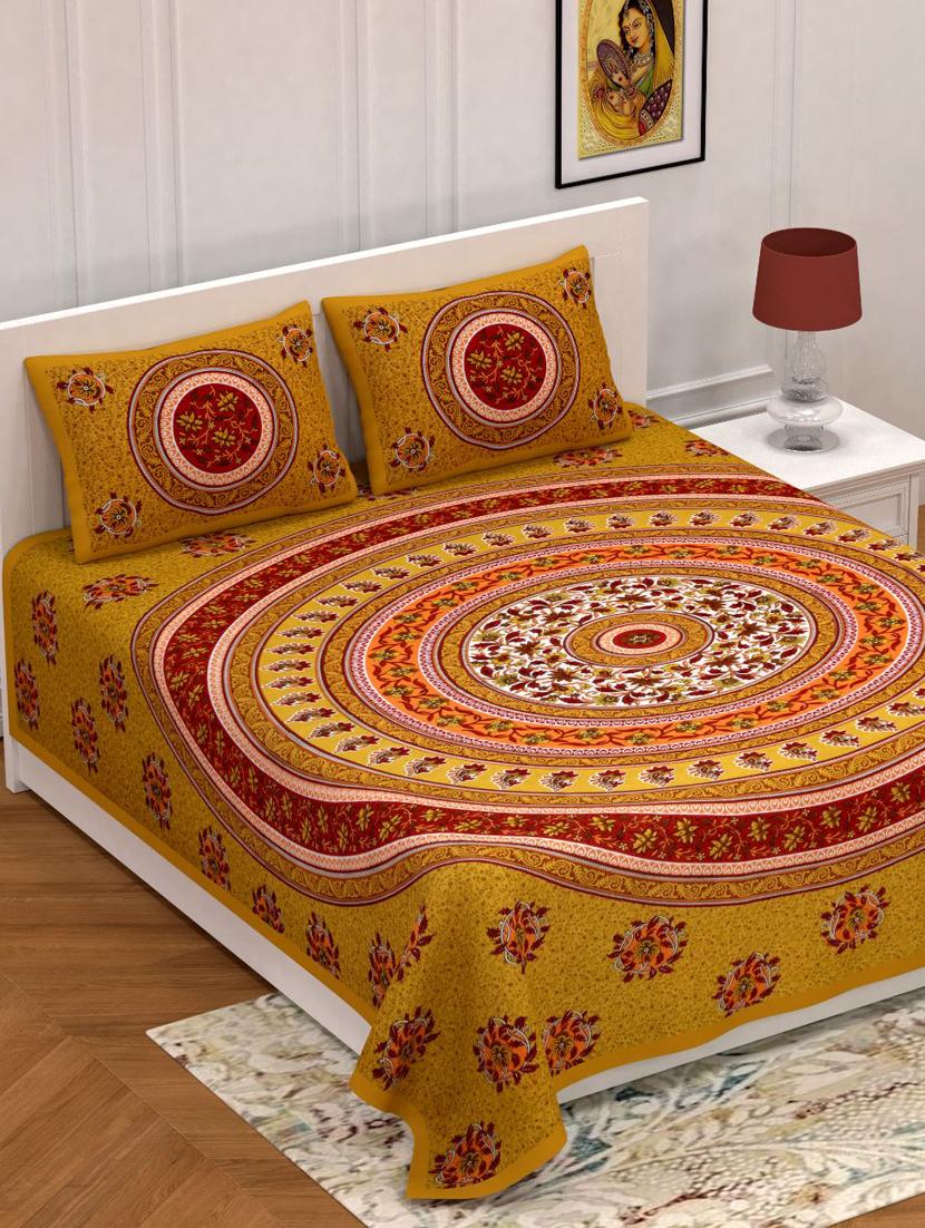 uniqchoice orange color 100% cotton jaipuri traditonal double bedsheet with 2 pillow cover - 18655927 - Zoom Image - 0