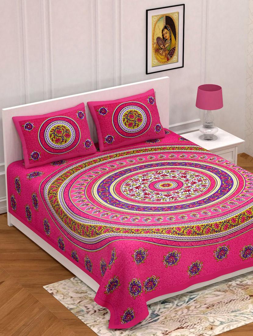 uniqchoice orange color 100% cotton jaipuri traditonal double bedsheet with 2 pillow cover - 18655931 - Zoom Image - 0