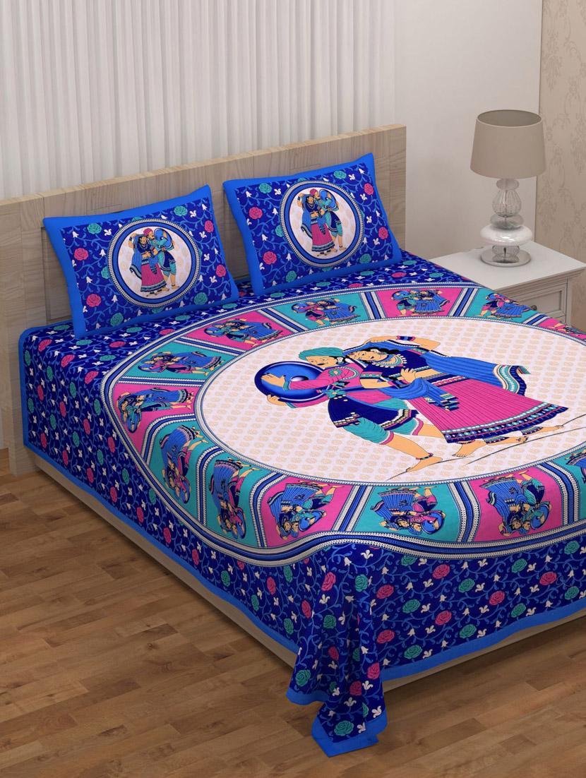 uniqchoice blue color 100% cotton jaipuri traditonal double bedsheet with 2 pillow cover - 18655933 - Zoom Image - 0