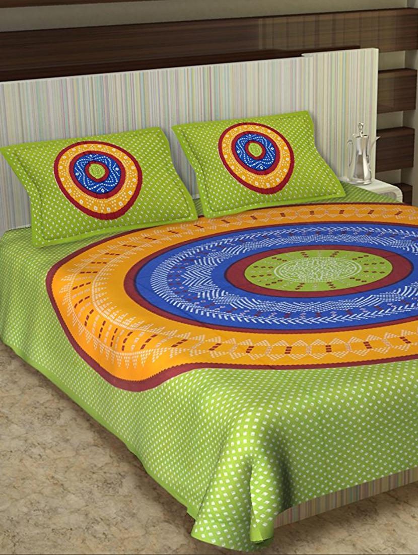 uniqchoice light blue color 100% cotton jaipuri traditonal double bedsheet with 2 pillow cover - 18655934 - Zoom Image - 0