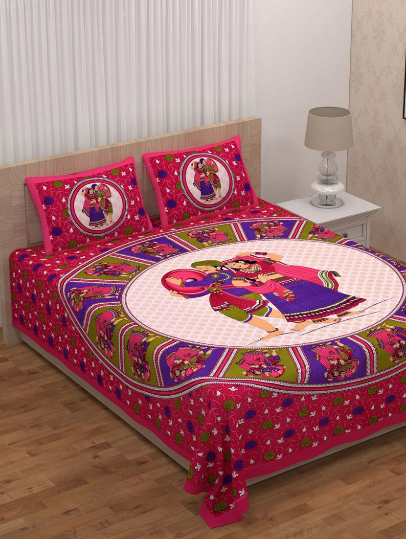 uniqchoice blue color 100% cotton jaipuri traditonal double bedsheet with 2 pillow cover - 18655939 - Zoom Image - 0