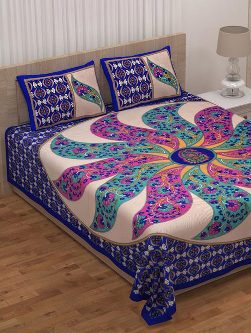 uniqchoice blue color 100% cotton jaipuri traditonal double bedsheet with 2 pillow cover - 18655941 -  Standard Image - 0