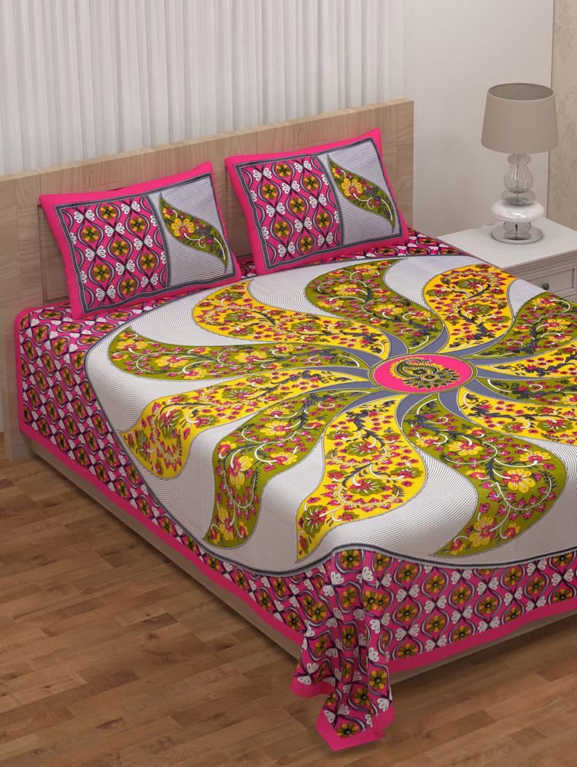 uniqchoice blue color 100% cotton jaipuri traditonal double bedsheet with 2 pillow cover - 18655945 - Zoom Image - 0