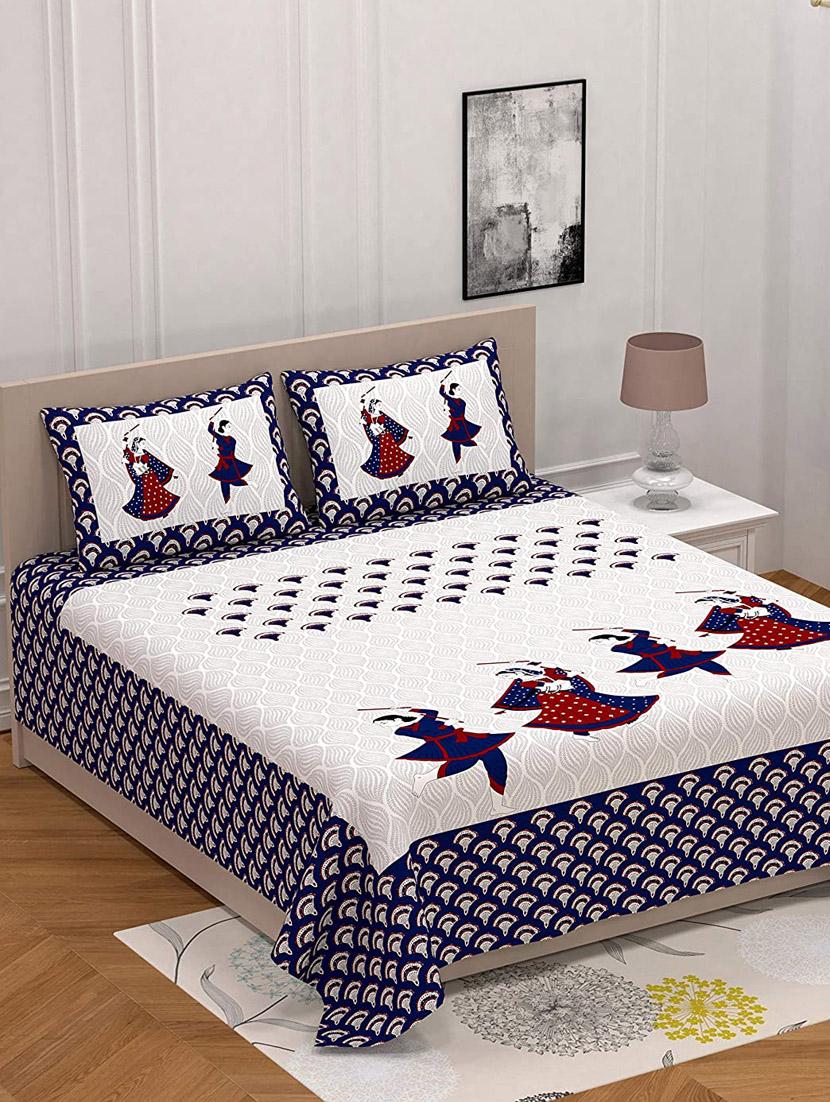 uniqchoice blue color 100% cotton jaipuri traditonal double bedsheet with 2 pillow cover - 18655956 -  Zoom Image - 0