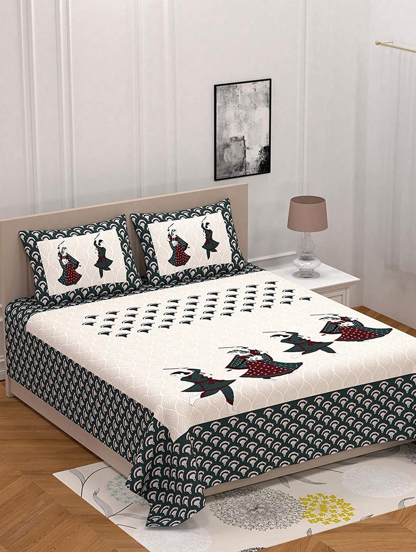 uniqchoice blue color 100% cotton jaipuri traditonal double bedsheet with 2 pillow cover - 18655960 -  Zoom Image - 0