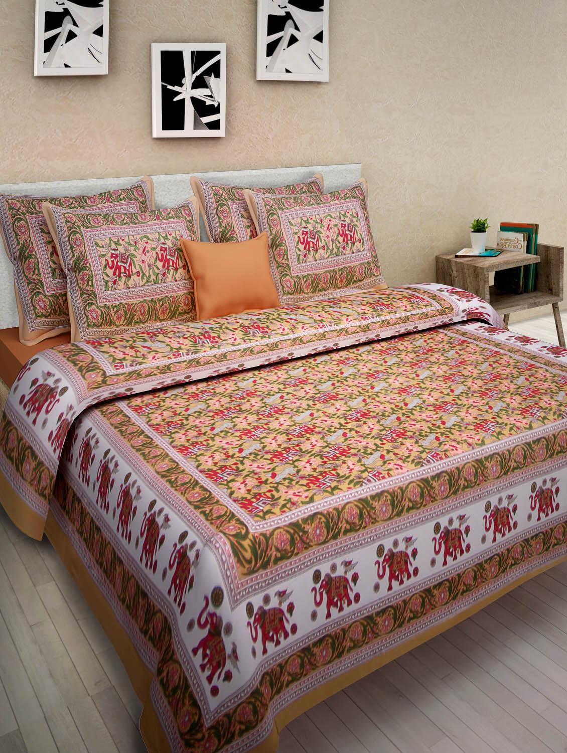 uniqchoice green color 100% cotton jaipuri traditonal double bedsheet with 2 pillow cover - 18655979 -  Zoom Image - 0