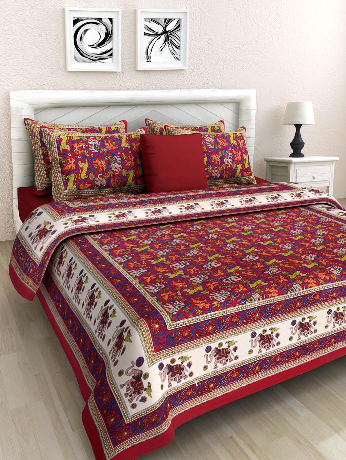 uniqchoice green color 100% cotton jaipuri traditonal double bedsheet with 2 pillow cover - 18655983 - Zoom Image - 0
