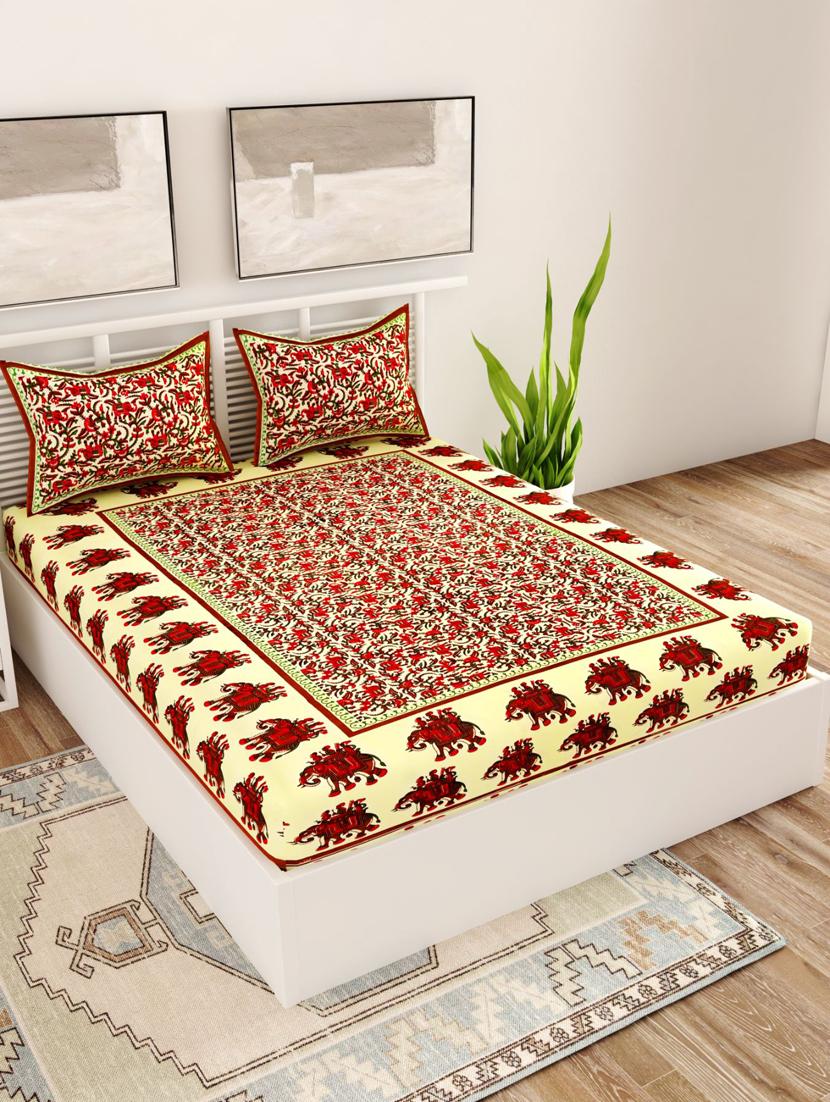 uniqchoice blue color 100% cotton jaipuri traditonal double bedsheet with 2 pillow cover