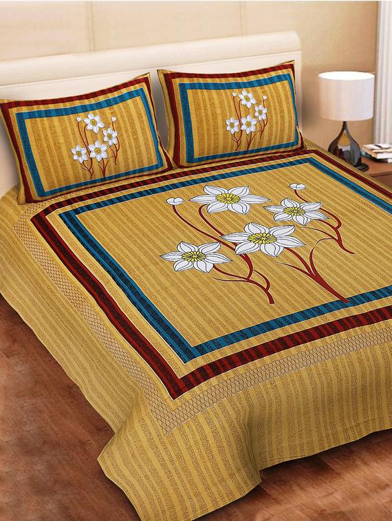 uniqchoice blue color 100% cotton jaipuri traditonal double bedsheet with 2 pillow cover - 18655998 -  Zoom Image - 0