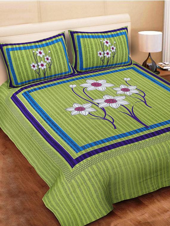 uniqchoice blue color 100% cotton jaipuri traditonal double bedsheet with 2 pillow cover - 18656000 - Zoom Image - 0