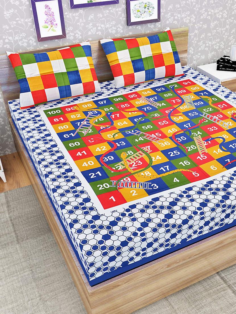 uniqchoice blue color 100% cotton jaipuri traditonal double bedsheet with 2 pillow cover - 18656013 -  Zoom Image - 0