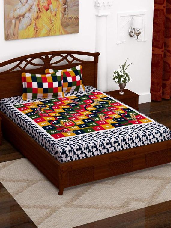 uniqchoice blue color 100% cotton jaipuri traditonal double bedsheet with 2 pillow cover - 18656015 -  Zoom Image - 0