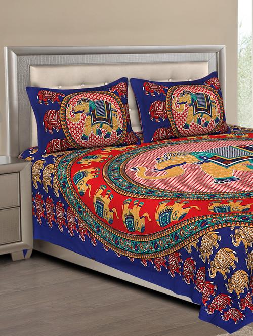 uniqchoice blue color 100% cotton jaipuri traditonal double bedsheet with 2 pillow cover - 18656017 -  Standard Image - 0