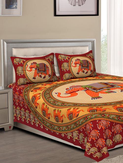 uniqchoice blue color 100% cotton jaipuri traditonal double bedsheet with 2 pillow cover - 18656018 -  Standard Image - 0
