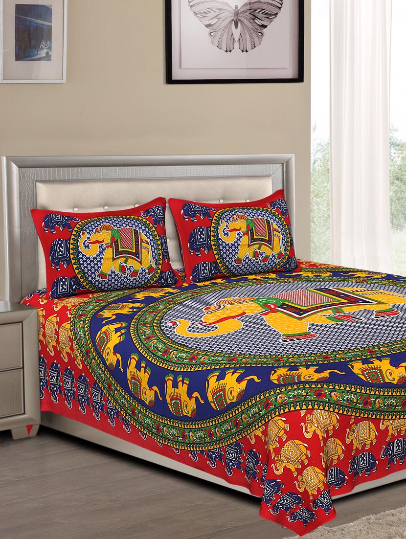 uniqchoice blue color 100% cotton jaipuri traditonal double bedsheet with 2 pillow cover - 18656020 - Zoom Image - 0
