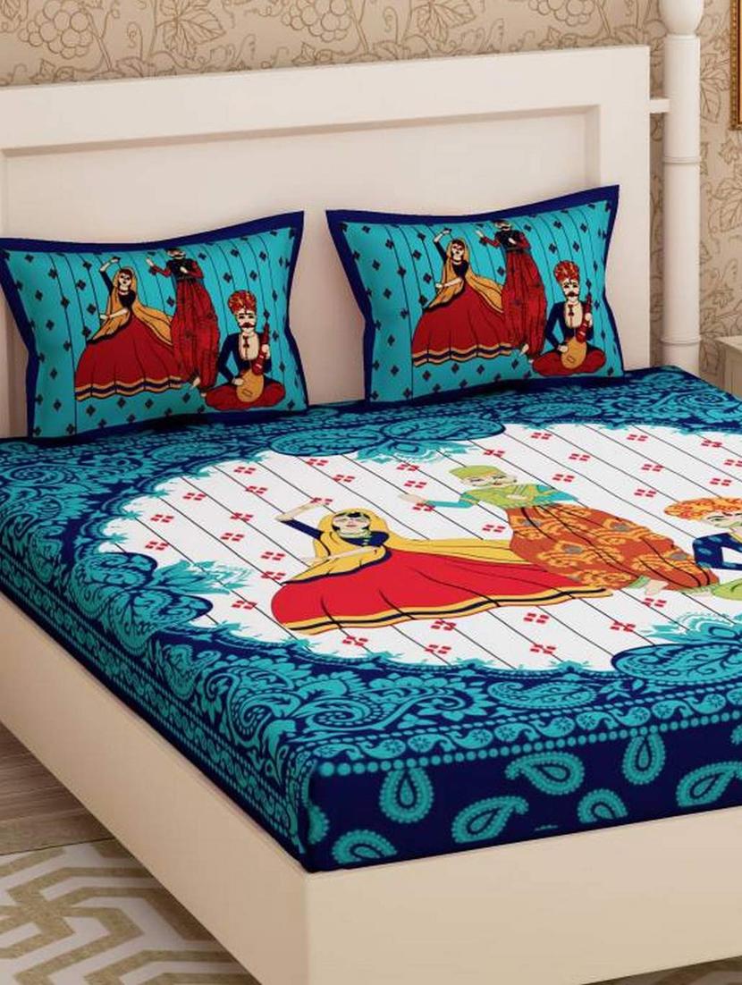 uniqchoice beige color 100% cotton jaipuri traditonal double bedsheet with 2 pillow cover - 18656023 - Zoom Image - 0