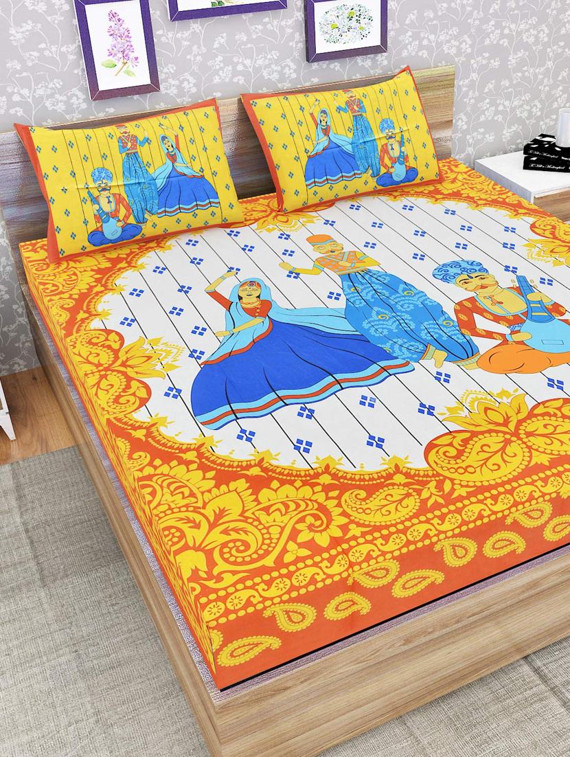 uniqchoice beige color 100% cotton jaipuri traditonal double bedsheet with 2 pillow cover - 18656028 - Zoom Image - 0