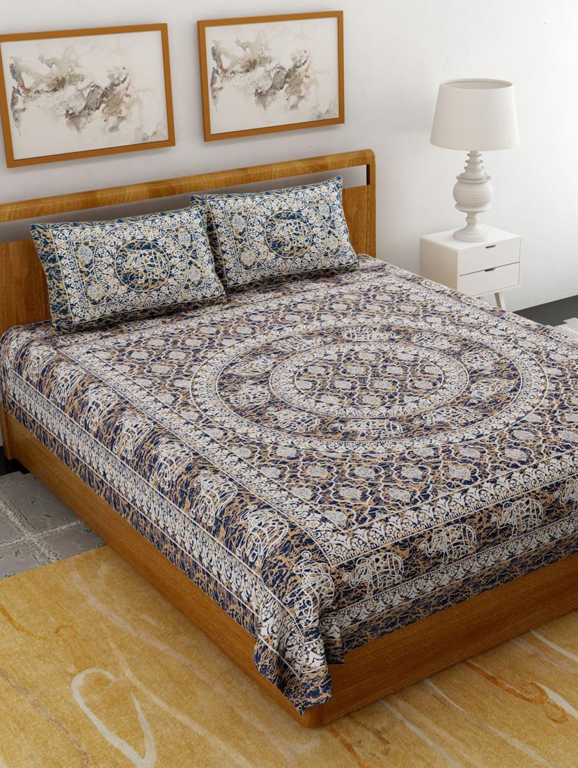 uniqchoice brown color 100% cotton jaipuri traditonal double bedsheet with 2 pillow cover - 18656036 - Zoom Image - 0