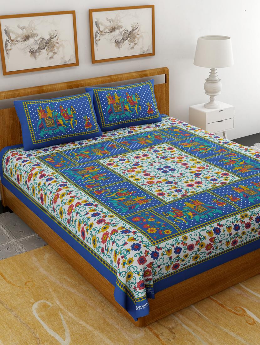 uniqchoice yellow color 100% cotton jaipuri traditonal double bedsheet with 2 pillow cover - 18656043 - Zoom Image - 0